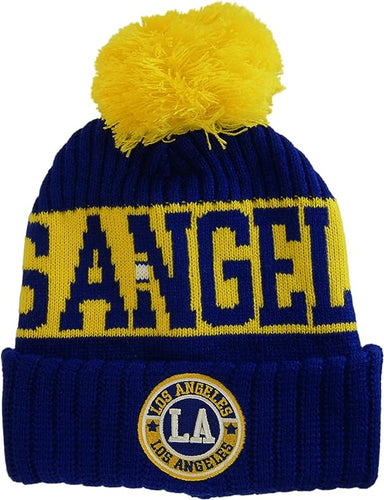 Los Angeles City Name Three Stripe Circular Patch Pom Beanie Winter Hat (Royal/Gold)