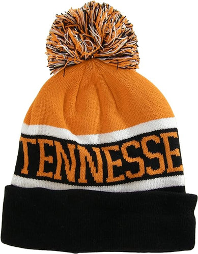 Tennessee Wide Stripe Winter Knit Pom Beanie Hat (Orange/Black)