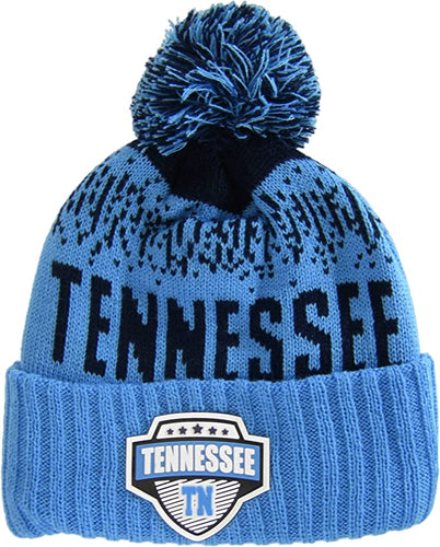 Tennessee Rubber Patch Ribbed Winter Knit Pom Beanie (Navy/Light Blue)