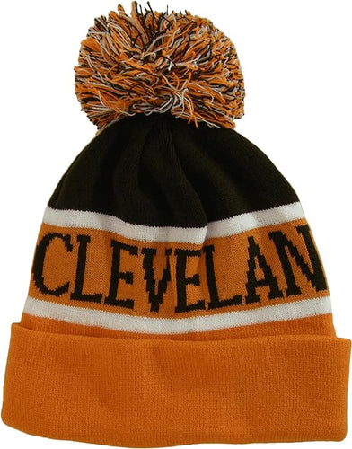 Cleveland City Name Wide Stripe Winter Knit Pom Beanie Hat (Brown/Orange)