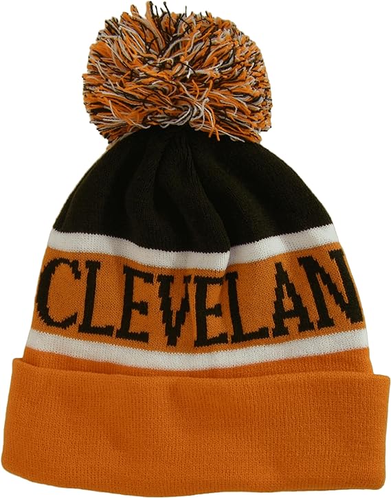 Cleveland City Name Wide Stripe Winter Knit Pom Beanie Hat (Brown/Orange)