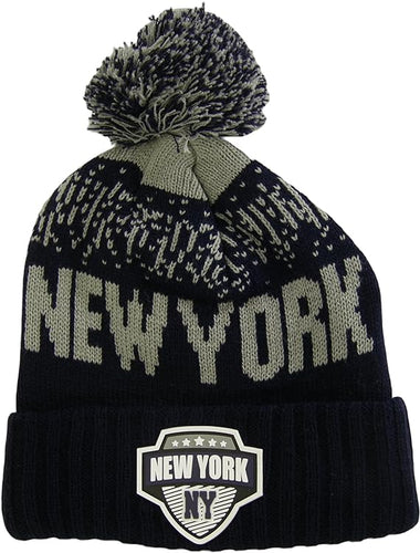 New York City Name Rubber Patch Ribbed Winter Knit Pom Beanie (Light Grey/Navy)