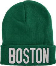 Boston City Name Bold Lettering Winter Knit Cuffed Beanie Hat (Green/White)