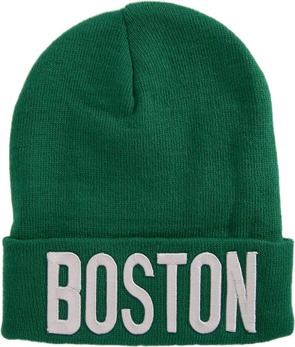 Boston City Name Bold Lettering Winter Knit Cuffed Beanie Hat (Green/White)