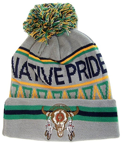 Native Pride Skull Cuffed Knit Winter Hat Pom Beanie (Light Gray)