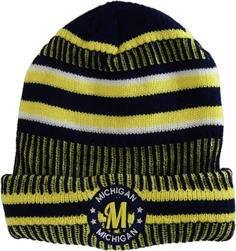 Michigan Knitted Plush Lined Varsity Cuffed Hat with Seal (Dark Blue/Gold)