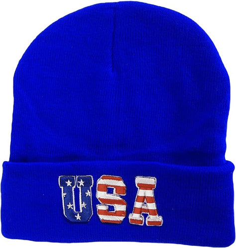 USA Patriotic Plush Lined Knit Winter Beanie Hat with Flag on Back (Royal)