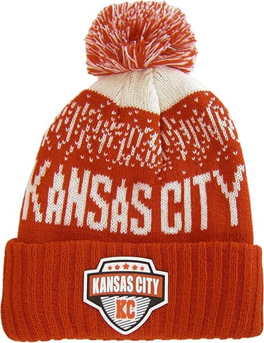 Kansas City Rubber Patch Ribbed Winter Knit Pom Beanie (White/Red)