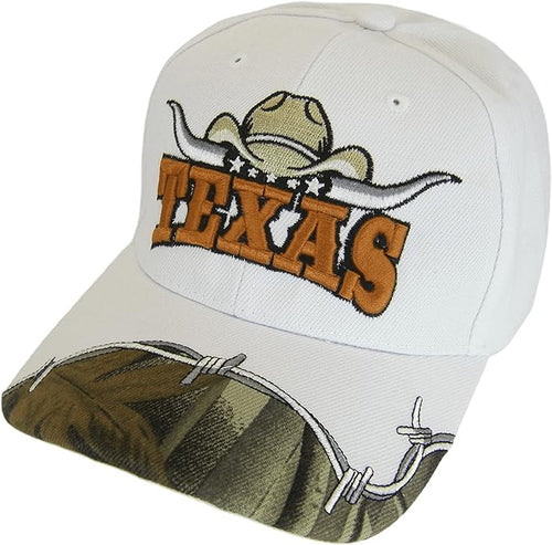 Texas Longhorn Cowboy Hat Barbed Wire Adult Size Adjustable Baseball Cap (White)