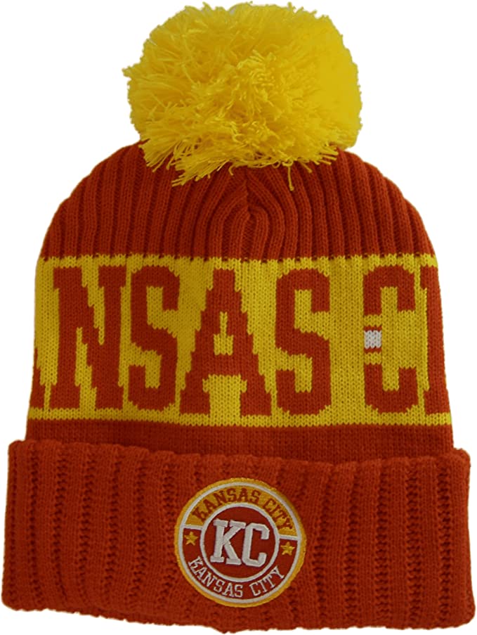 Kansas City Three Stripe Circular Patch Pom Beanie Winter Hat (Red/Gold)