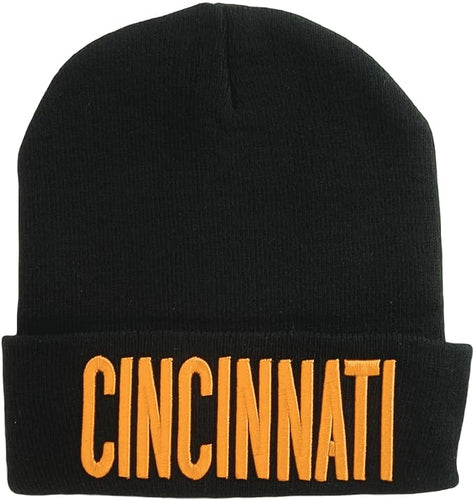 Cincinnati City Name Adult Size Winter Knit Cuffed Beanie Hat (Black/Orange)