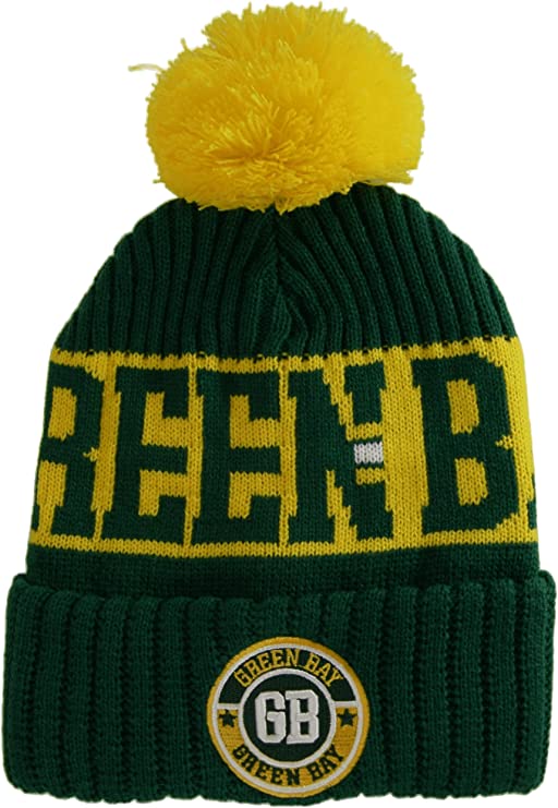 Green Bay City Name Three Stripe Circular Patch Pom Beanie Winter Hat (Green/Gold)