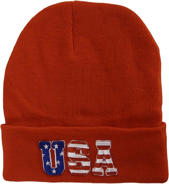 USA Patriotic Plush Lined Knit Winter Beanie Hat with Flag on Back (Red)