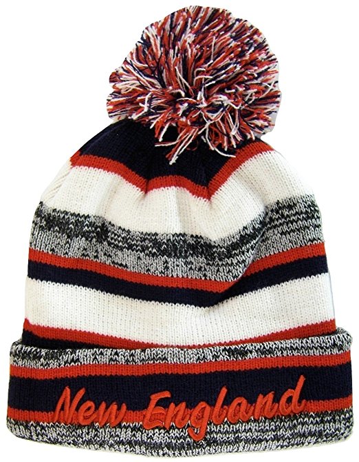 New England 4-Color Embroidered Adult Size Thick Winter Knit Pom Beanie Hat (Red Script)