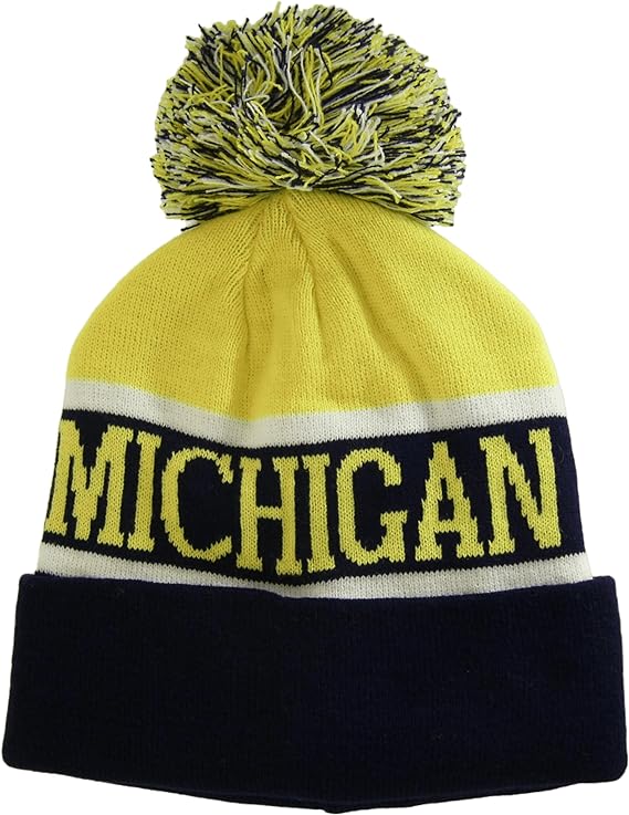 Michigan Wide Stripe Winter Knit Pom Beanie Hat (Gold/Dark Blue)