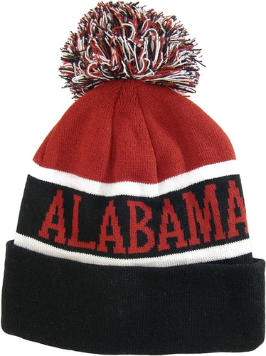 Alabama Wide Stripe Winter Knit Pom Beanie Hat (Crimson/Black)