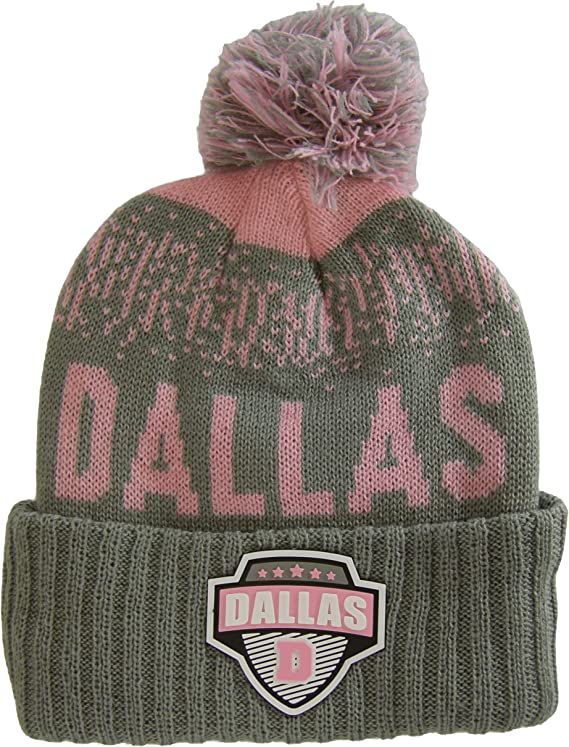 Dallas City Name Rubber Patch Ribbed Winter Knit Pom Beanie (Pink/Gray)