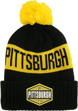 Pittsburgh City Name Winter Knit 3D Rubber Patch Pom Beanie Hat (Black/Gold)