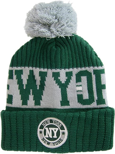 New York City Name Three Stripe Circular Patch Pom Beanie Winter Hat (Hunter Green/Light Gray)