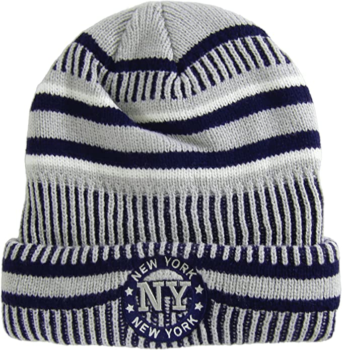 New York City Knitted Plush Lined Varsity Cuffed Hat with Seal (Gray/Navy)