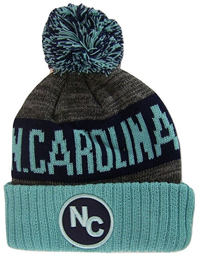 North Carolina NC Patch Ribbed Cuff Knit Winter Hat Pom Beanie (Teal/Navy Blue)