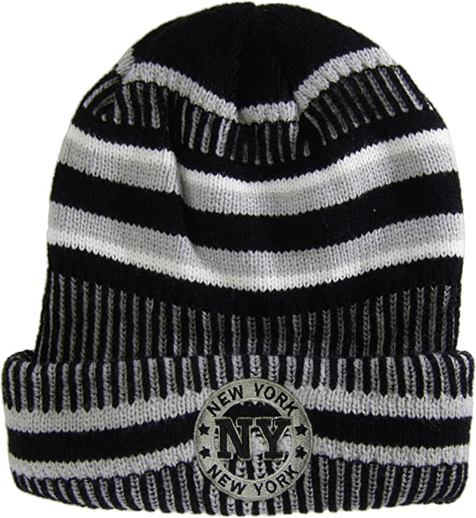 New York City Knitted Plush Lined Varsity Cuffed Hat with Seal (Black/Gray)