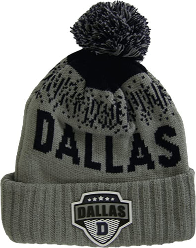 Dallas City Name Rubber Patch Ribbed Winter Knit Pom Beanie (Gray/Navy)