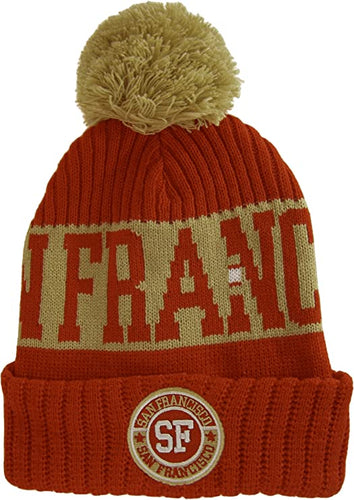 San Francisco City Name Three Stripe Circular Patch Pom Beanie Winter Hat (Red/Khaki)