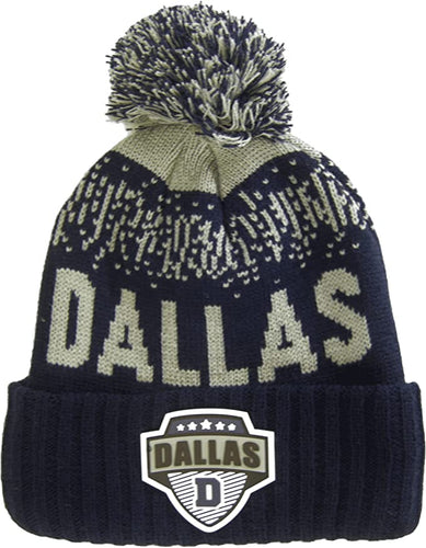 Dallas City Name Rubber Patch Ribbed Winter Knit Pom Beanie (Navy/Gray)