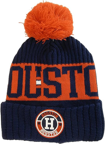 Houston City Name Three Stripe Circular Patch Pom Beanie Winter Hat (Navy Blue/Red)