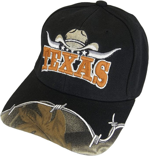 Texas Longhorn Cowboy Hat Barbed Wire Adult Size Adjustable Baseball Cap (Black)