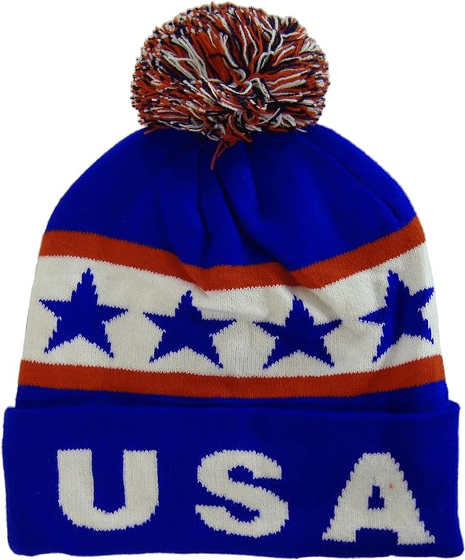 USA Patriotic Adult Size Plush Lined Winter Knit Pom Beanie Hat (Royal)