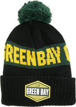 Green Bay City Name Winter Knit 3D Rubber Patch Pom Beanie Hat (Black/Green)