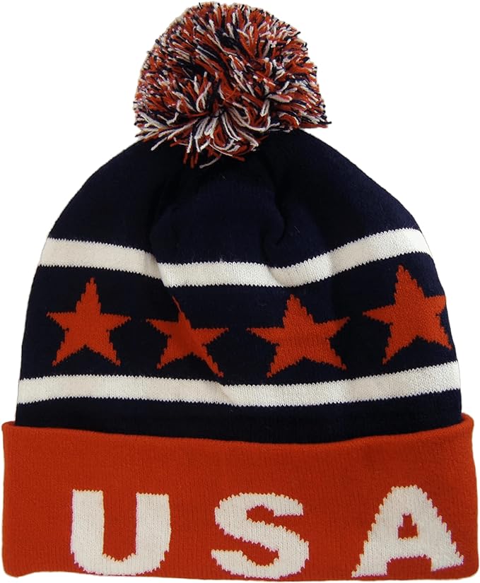 USA Patriotic Adult Size Plush Lined Winter Knit Pom Beanie Hat (Navy/Red)