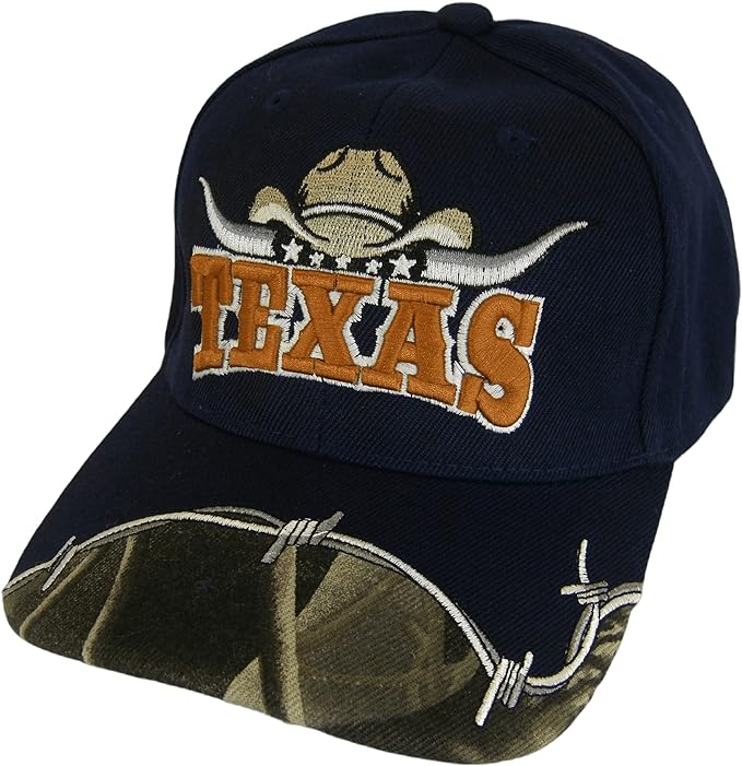 Texas Longhorn Cowboy Hat Barbed Wire Adult Size Adjustable Baseball Cap (Navy Blue)