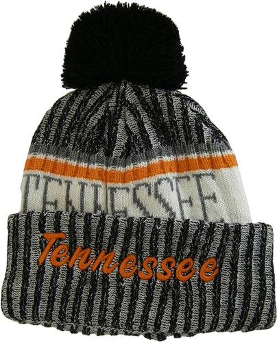 Tennessee Plush Lined Embroidered Winter Knit Pom Beanie Hat (Black/Orange Script)