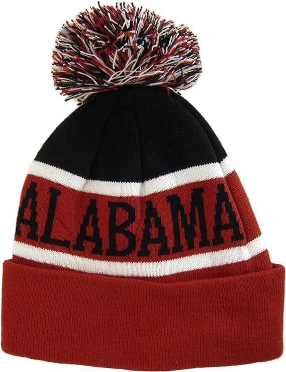 Alabama Wide Stripe Winter Knit Pom Beanie Hat (Black/Crimson)