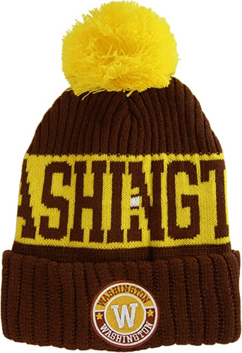 Washington City Name Three Stripe Circular Patch Pom Beanie Winter Hat (Burgundy/Gold)