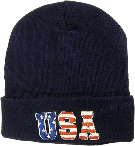 USA Patriotic Plush Lined Knit Winter Beanie Hat with Flag on Back (Navy Blue)