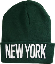 New York Adult Size Winter Knit Cuffed Beanie Hat (Dark Green/White)