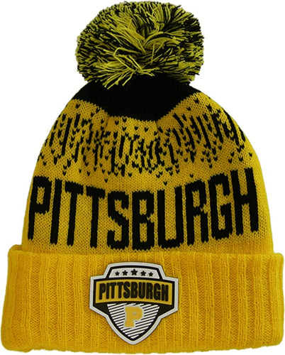 Pittsburgh City Name Rubber Patch Ribbed Winter Knit Pom Beanie (Gold/Glack)