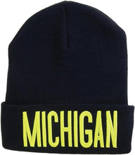 Michigan Adult Size Bold Lettering Winter Knit Cuffed Beanie Hat (Navy/Gold)