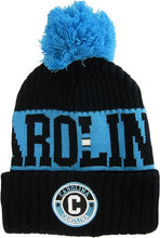 Carolina Three Stripe Circular Patch Pom Beanie Winter Hat (Black/Blue)