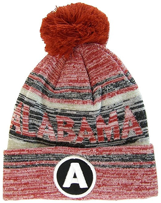 Alabama A Patch Fade Out Cuffed Knit Winter Pom Beanie Hat (Crimson/Black)