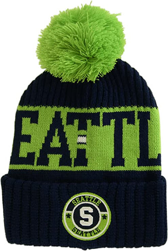 Seattle City Name Three Stripe Circular Patch Pom Beanie Winter Hat (Dark Blue/Green)