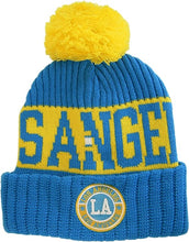 Los Angeles City Name Three Stripe Circular Patch Pom Beanie Winter Hat (Powder Blue/Gold)