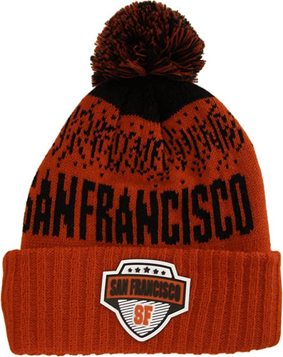 San Francisco City Name Rubber Patch Ribbed Winter Knit Pom Beanie (Red/Black)