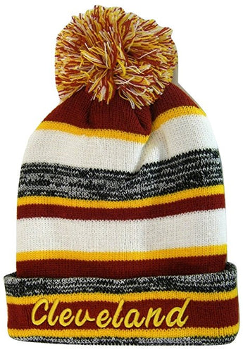 Cleveland 4-Color Embroidered Adult Size Thick Winter Knit Pom Beanie Hat (Gold Script)