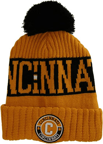 Cincinnati City Name Three Stripe Circular Patch Pom Beanie Winter Hat (Orange/Black)