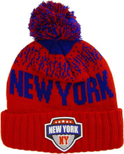 New York City Name Rubber Patch Ribbed Winter Knit Pom Beanie (Red/Royal)